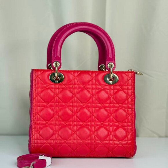 Dior Bi-Color Leather Lady Dior Medium Shoulder Bag - Red Quilted Design - Picture 3 of 10